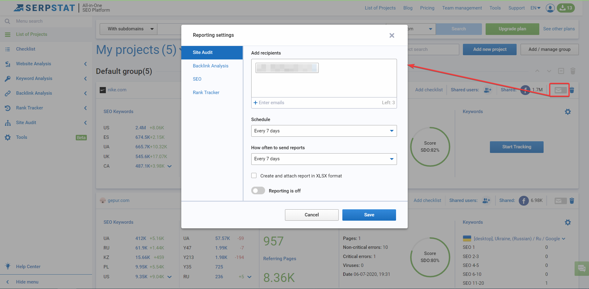 Can I set an automatic mailing for my projects? 16261788809945